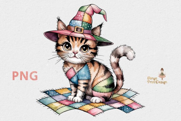 Download Patchwork Cat with Witch Hat Clipart PNG - Premium Bundle